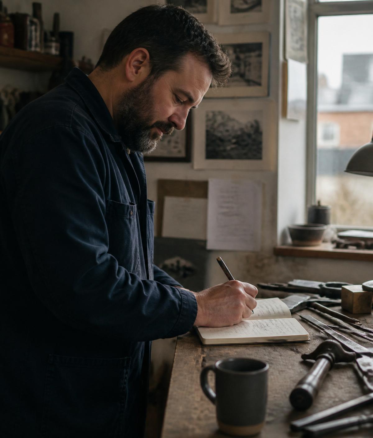 Portrait of a working craftsperson in a small workshop, placeholder for founder photograph